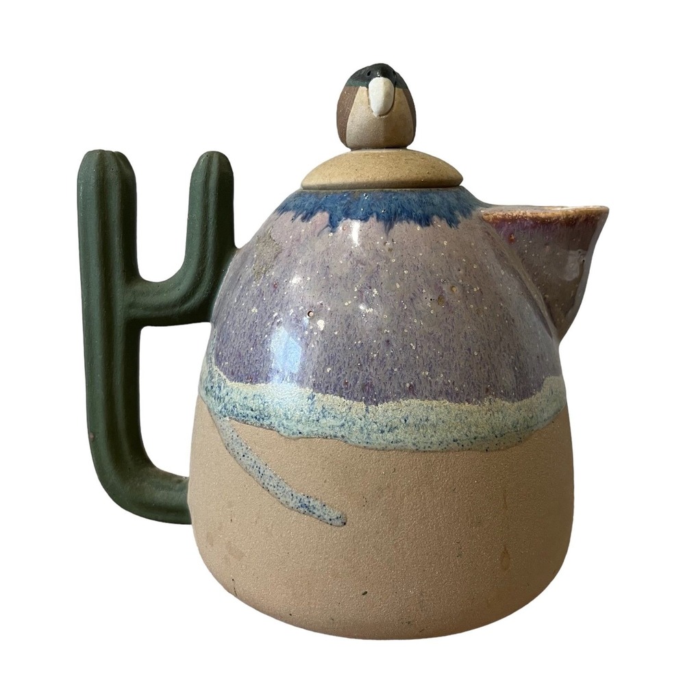 Pottery teapot cactus aztec Southwest Bird Landscape 7" Tall 2‎ Piece